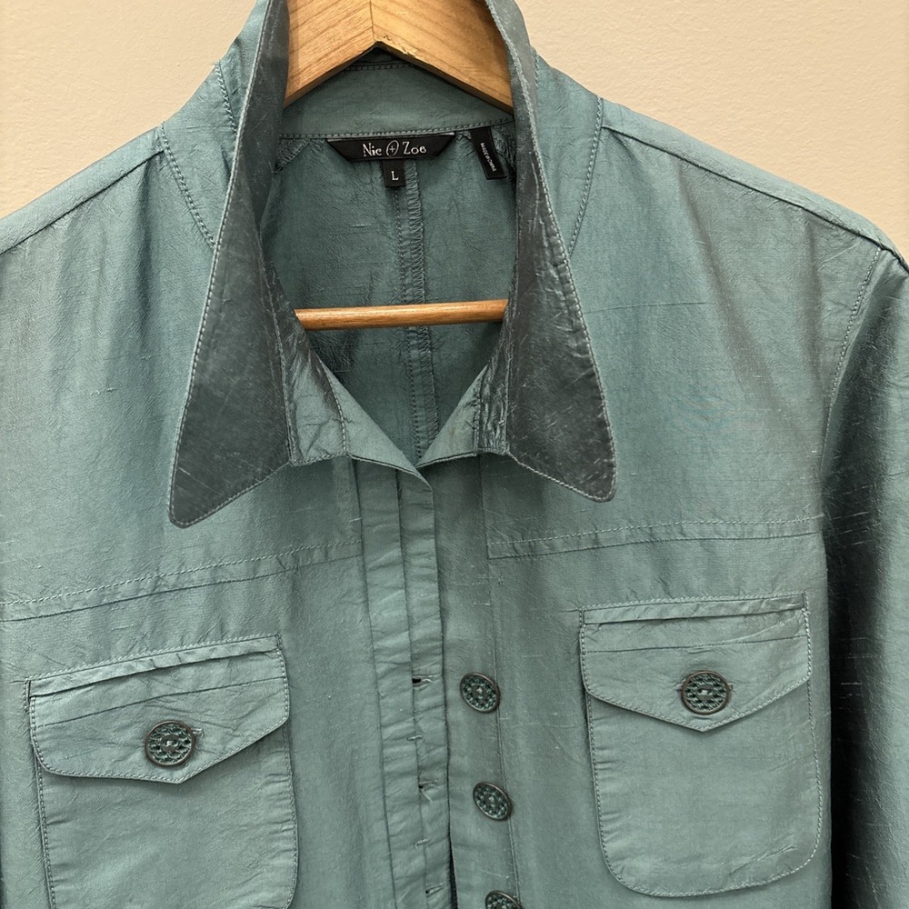 Nic & Zoe Silk Jacket Women's L Sea Green Jacket Button Up Pockets Braid Tassels - Picture 11 of 16